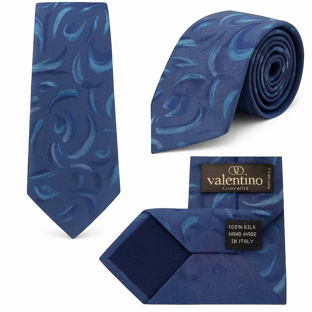 Valentino Cravatte Silk Tie Blue Abstract Brushstroke Handmade Italy Luxury
